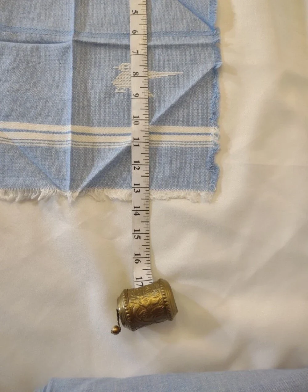 Vintage Hand Woven/Embroidered Lt. Blue Striped Napkin & Table Cloth/Runner Set